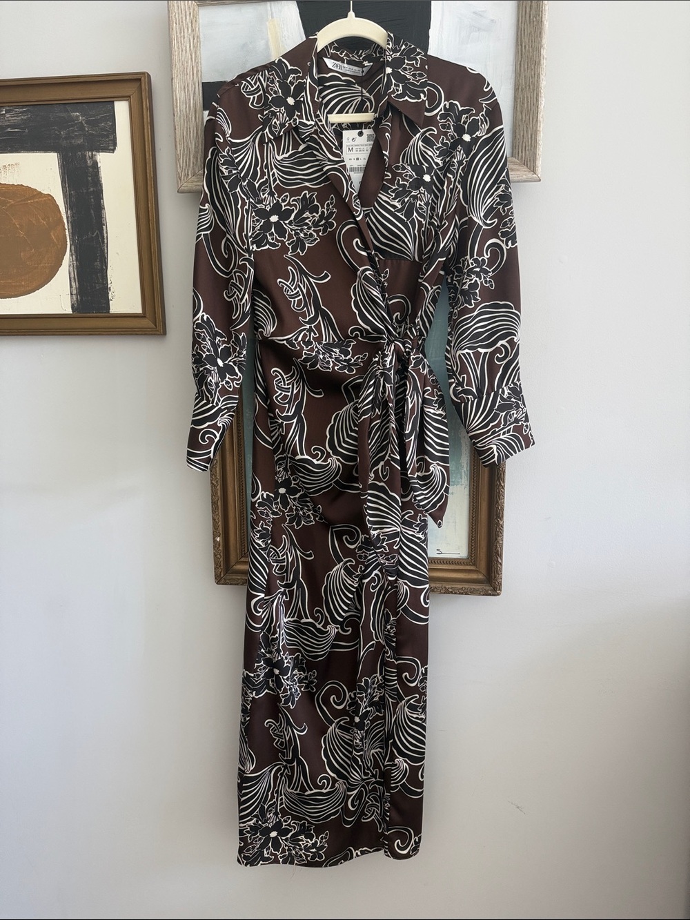 NWT- Zara Brown Maxi Wrap Dress with black and white floral print